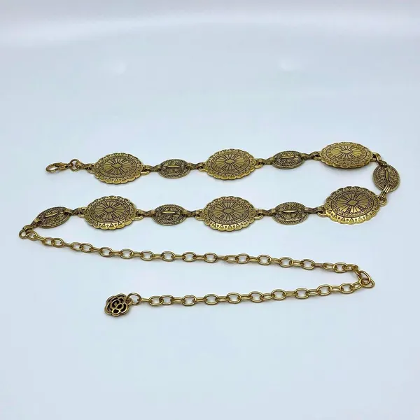 Vintage Y2K Boho Gold Medallion Chain Belt, Fits 22.5–38 Inches, X7GA1199 - Image 6