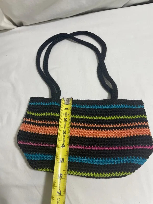 The Sak Crochet Knit Shoulder Bag Black Multicolor Striped Zip Boho Handbag - Image 3