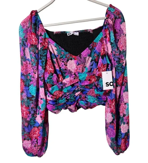 SO Floral Women's Long Sleeve Rusched Front Crop Blouse Sz L NWT - Image 2