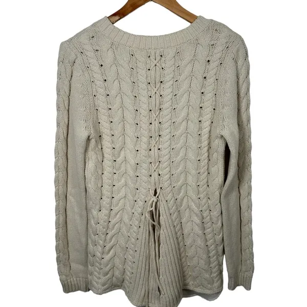 Cabi Womens Sweater‎ Small Cable Knit Corset Tie Back Style 3157 Ivory Cream - Image 5