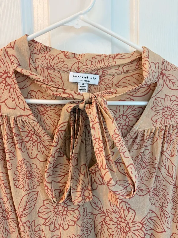 Current Air Floral Tie-Neck Blouse in Tan with Rust Print - Image 3