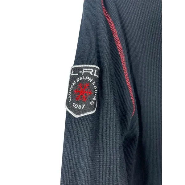 Y2K Lauren Ralph Lauren Blck Patch Embroidered Long Sleeve Waffle Henley Top PL - Image 7