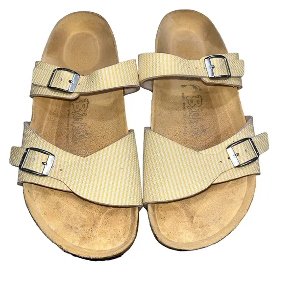 Birkenstock Birki's Aziza Yellow & White Two Strap Slides Sandals 39 8 Narrow - Image 2