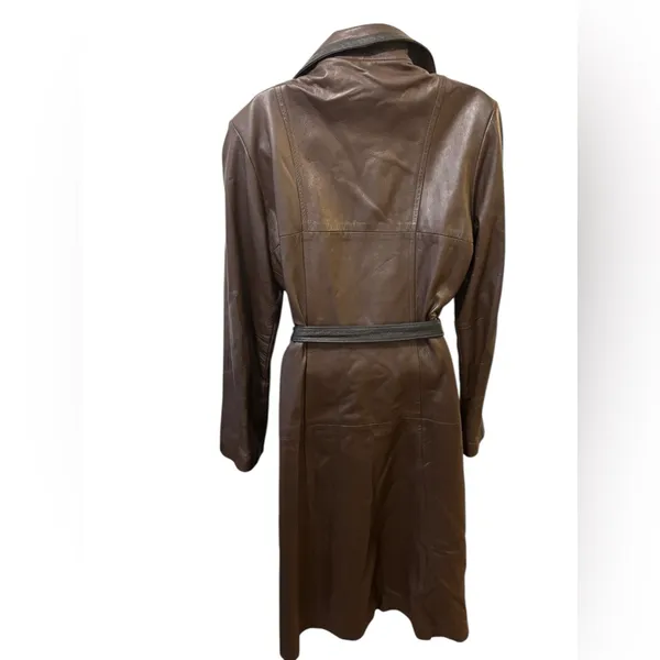 VTG Brown Leather Trench Coat Belted Contrast Trim Minimalist Chic Sz 16 Lined - Image 5