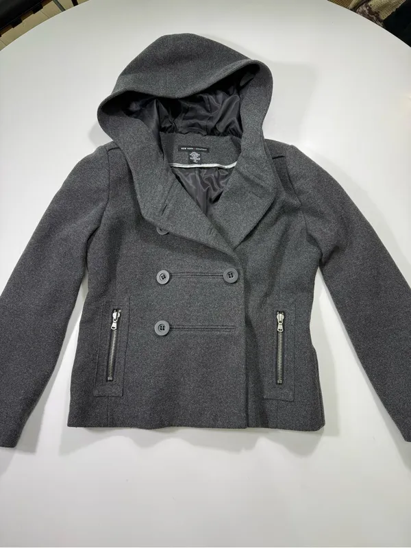 New York & Company Wool Blend Dark Gray Hooded Double-Breasted Pea Coat - Image 2
