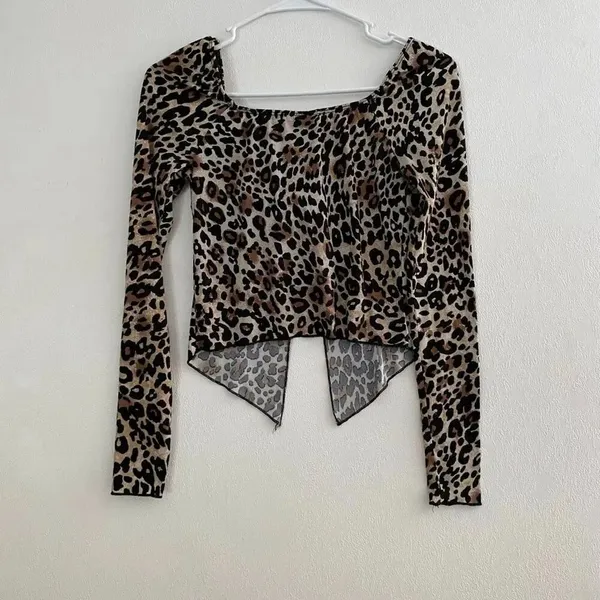 Just Polly Leopard Print Tie Front Top Size S Y2K Long Sleeve Mesh - Image 3