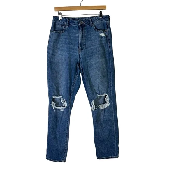 American Eagle Mom Jeans Womens 12 Medium Wash Distressed‎ Straight High Rise - Image 2