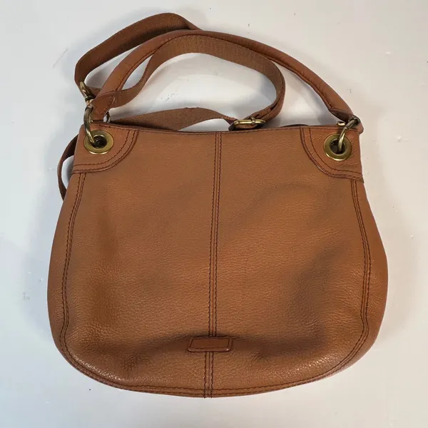 Fossil Cognac Brown Pebbled Leather Convertible Crossbody Bag Antique Brass‎ Zip - Image 11