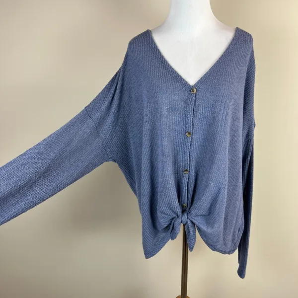 American Eagle Top Womens XL‎ Blue Knit Tie Front Button Up Long Sleeve V-Neck - Image 11