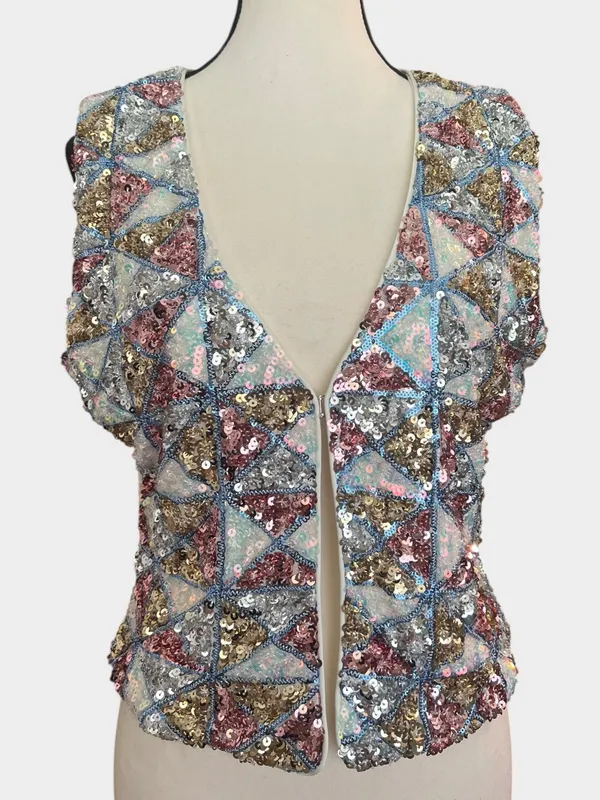 12th Tribe NWT Sequin Open Front Vest Top Large Pastel Geometric Festival Boho - Image 3