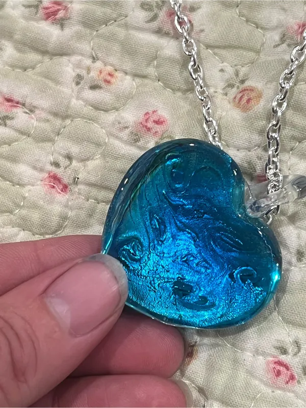 Handmade Teal & Green Heart Glass Pendant Necklace - Image 2