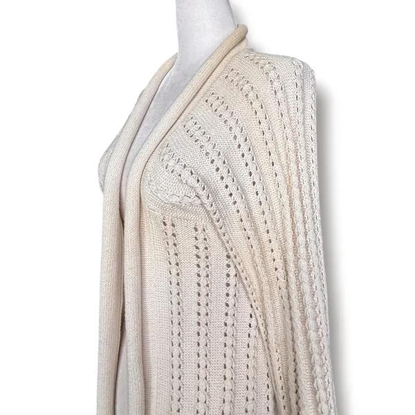 Fossil Cream Pointelle Knit Longline Open Front Duster Cardigan Casual Layer - Image 2
