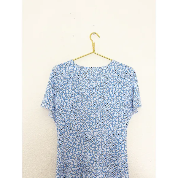 Mango Poma Floral Midi Dress Size Medium Blue Cottage Coquette Chic Jersey - Image 13