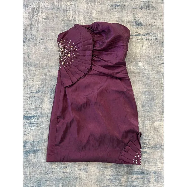 Nox Anabel Purple Pleated Rhinestone Sequin Beaded Strapless Party Mini Dress XS - Image 6