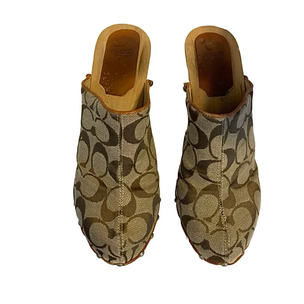 Vintage Coach Brown Cloth Signature Print Clog Heel Mules "Felicity" (8) - Image 6