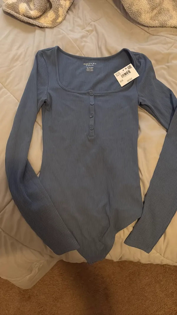 American Eagle Bodysuit Ribbed Long Sleeve Black Snap Thong  - Image 3