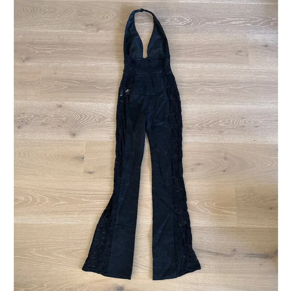 Innovare Denim Lace Jumpsuit Plunge Cutout Bethan Size L Black - Image 5