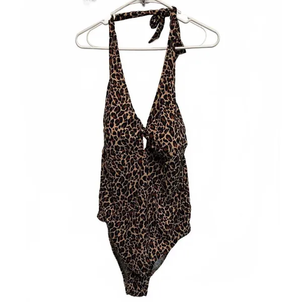 Kona Sol Twist Front Leopard Animal Print Halter One Piece Swimsuit Plus Size 20 - Image 3