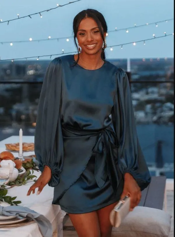 Petal & Pup Opal Navy Blue Satin Long Balloon Sleeve Wrap Mini Dress 4 - Image 2