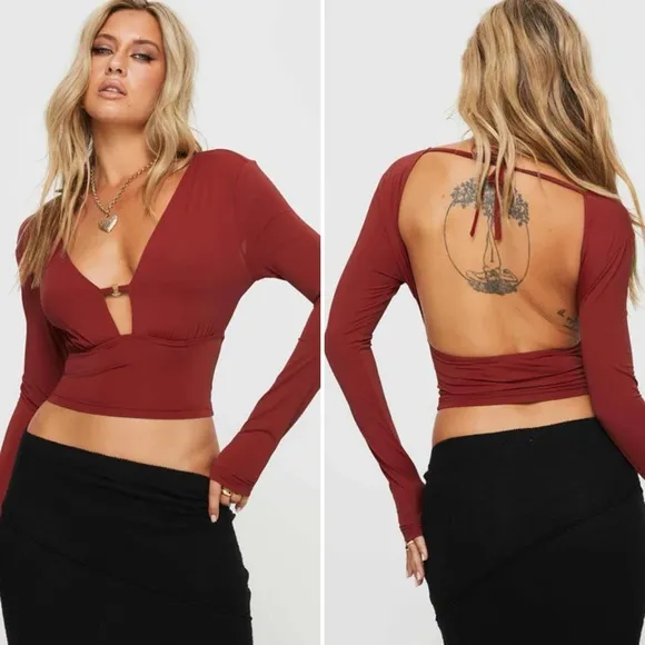 Princess Polly Maier Open Back Long Sleeve Top Red Sz 2 - Image 2