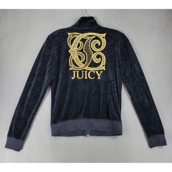 Vintage Y2K Juicy Couture Size M Black Velour Zip Track Jacket Big Logo Full Zip - Image 2