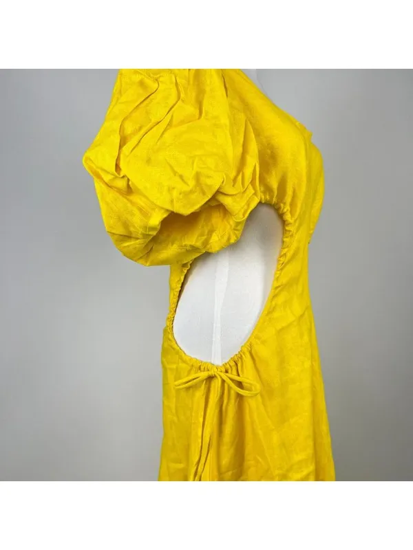 NWOT Farm Rio Linen Puff-Sleeve Cutout Midi Dress Yellow Size S - Image 7