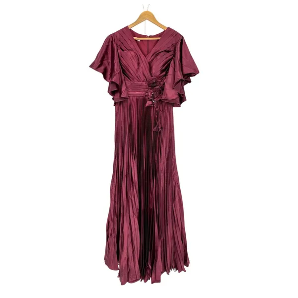 MISSACC Maxi Gown Size‎ 10 Cabernet Pleated Flutter Sleeve Floral Applique NWT - Image 2