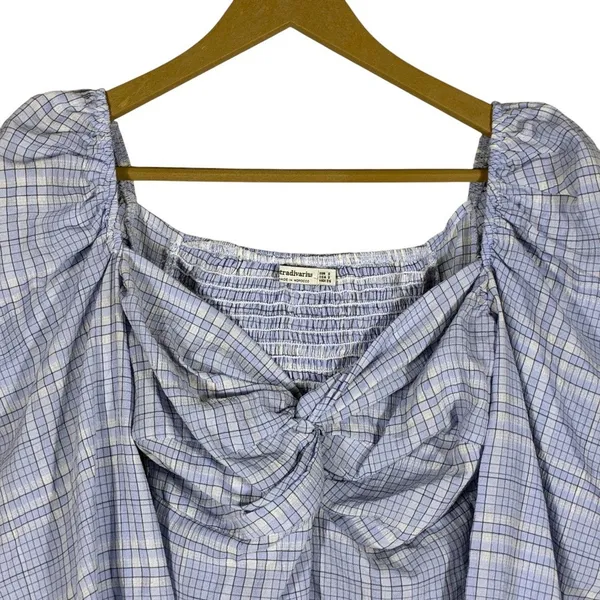 Stradivarius Knot Front Plaid Puff Sleeve Crop Top Blue Cottagecore Size S - Image 2