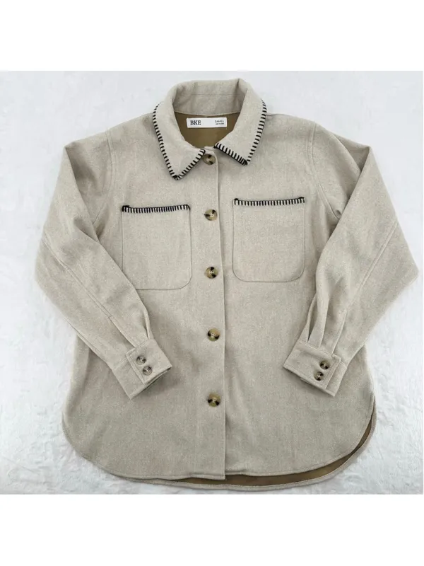BKE Tan Felt Shacket Black Stitching Western Boho Jacket Button Front Sz Small - Image 2