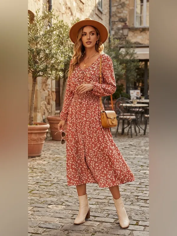 Índigo Rose Rust Floral V-Neck Midi Dress with Long Sleeves size L fall ready - Image 2