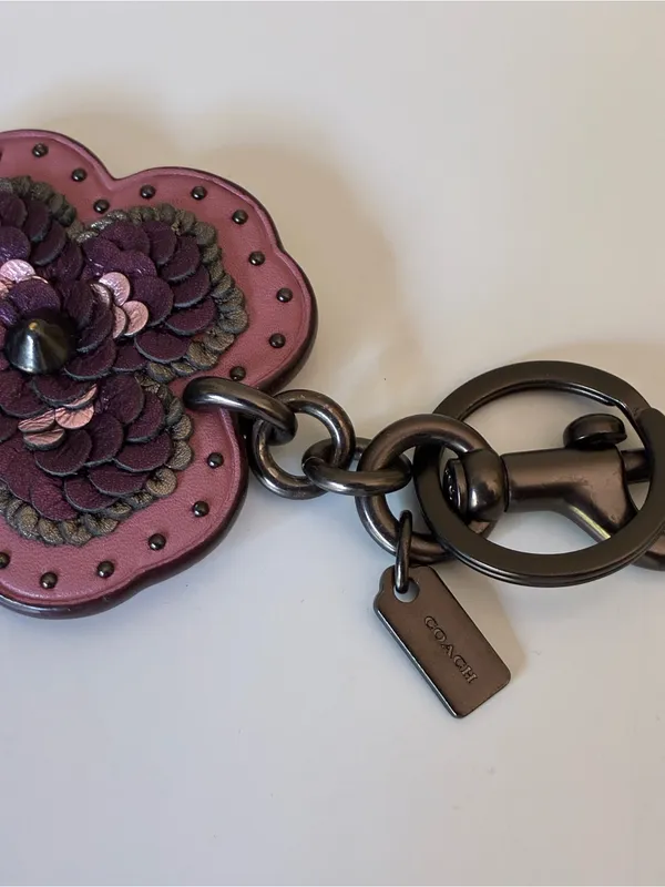Coach Leather Sequin Applique Tea Rose Key Ring Bag Charm, Pink / Purple, 32677 - Image 11