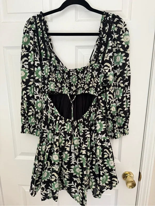 Free People Black Mini Dress with Green & Cream Floral‎ Print - Image 2