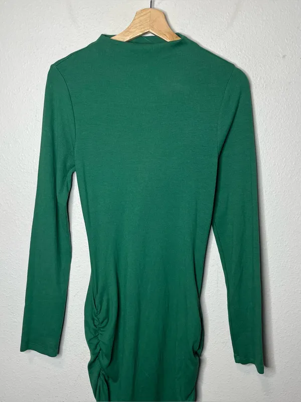 Sundry Ribbed Long Sleeve Mock Neck Ruched Midi Dress in Green - Image 4