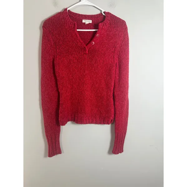 American Eagle Y2K Vintage Red Chunky Shaker Knit Henley‎ Sweater Small - Image 2