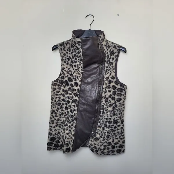 Elaine Kim Fur and Leather Vest Zip Biker Lagenlook Animal Print Size Large - Image 6