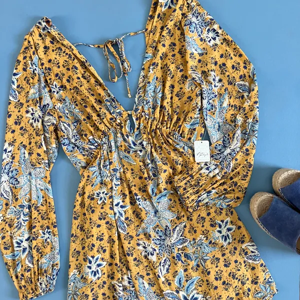 Free People NWT Soli Golden Hour Combo Yellow V-Neck Long Sleeve Mini Dress - Image 7