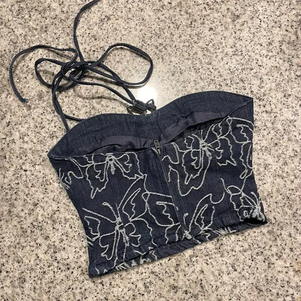 Jaded London Denim Butterfly Rhinestone Beaded Halter Lucia Corset Top - Image 2