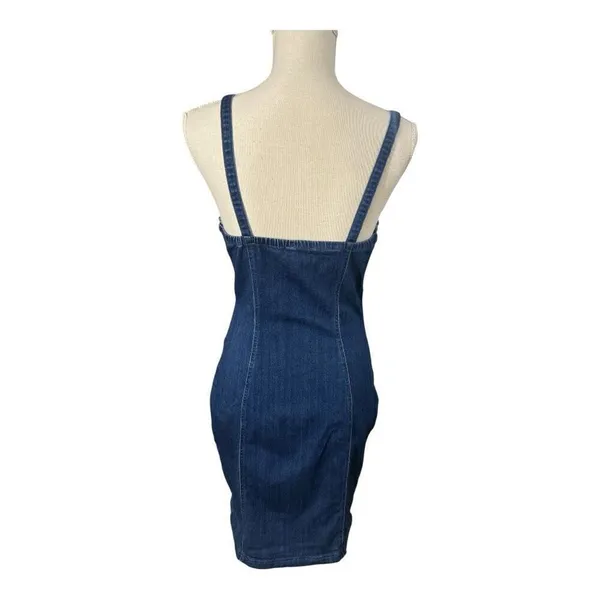 Haute Monde Blue Denim Mini Dress Size L Zip-Front Spaghetti Straps Sleeveless - Image 4