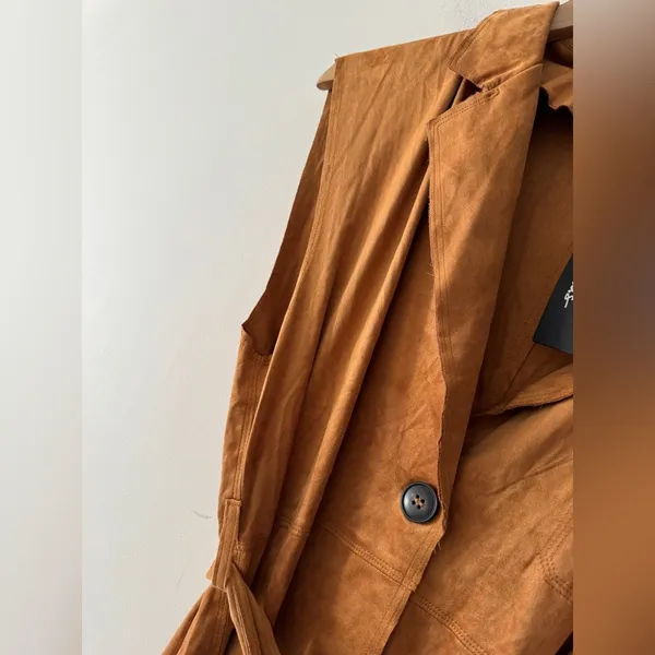 Lulus Brown Brisk Bliss Camel Suede Sleeveless Button‎ Long Trench Coat - Image 8