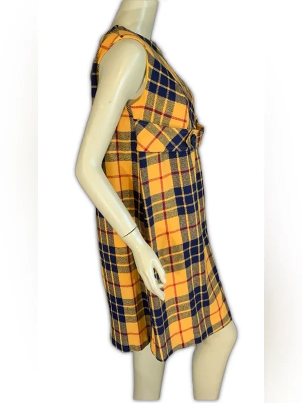 Vintage 1960'S M.H. Fine Co Yellow & Blue Plaid Wool Blend Shift Dress (12) - Image 4