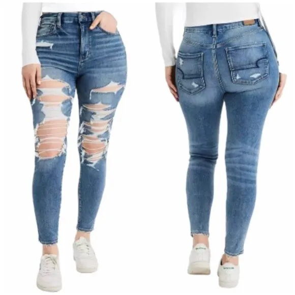 American Eagle Curvy Next Level Stretch High Rise Destroyed Light Wash Jeggings - Image 2