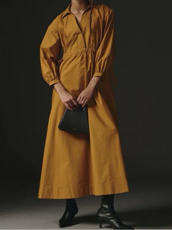 Anthropologie Maeve Mustard Yellow Cinched Waist Long Sleeve Shirt Maxi Dress M - Image 13