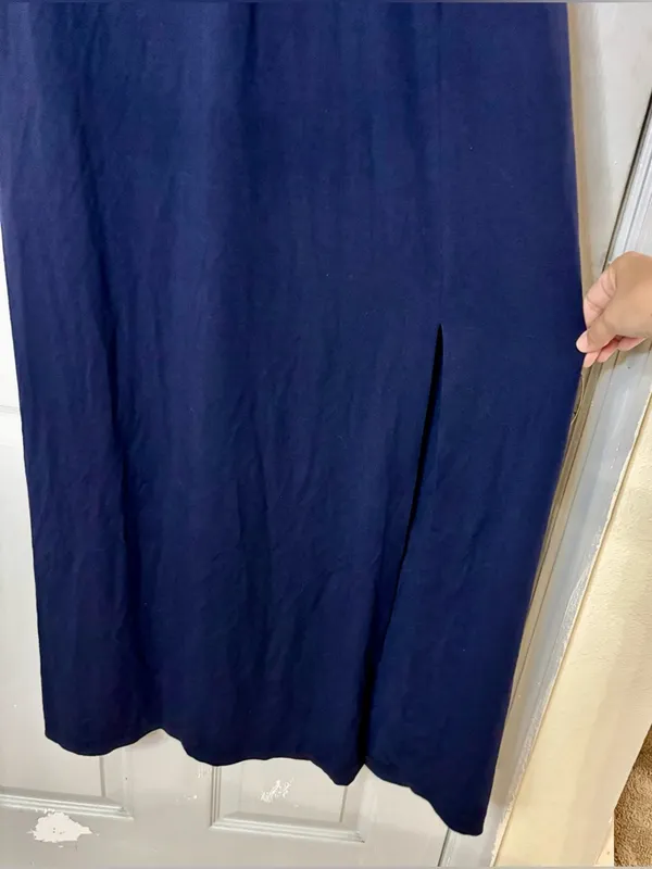 Vintage Cache Women's Evening Dress Navy Blue Maxi Beaded Chest XL Stretch Rayon - Image 8