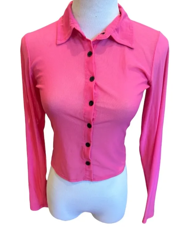 Motel Rocks Cropped Mesh Button Up Shirt Collar Hot Pink Sheer S - Image 3