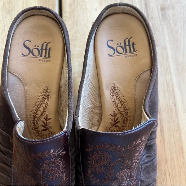 Söfft Brown Leather Suede Embroidered Mules Clogs Slip-On Shoes Size 6.5 - Image 2