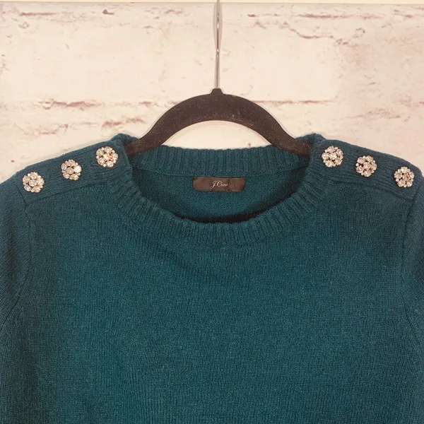 J. Crew Lambs Wool Blend Jewel Shoulder Sweater Emerald Green Women’s Small - Image 6