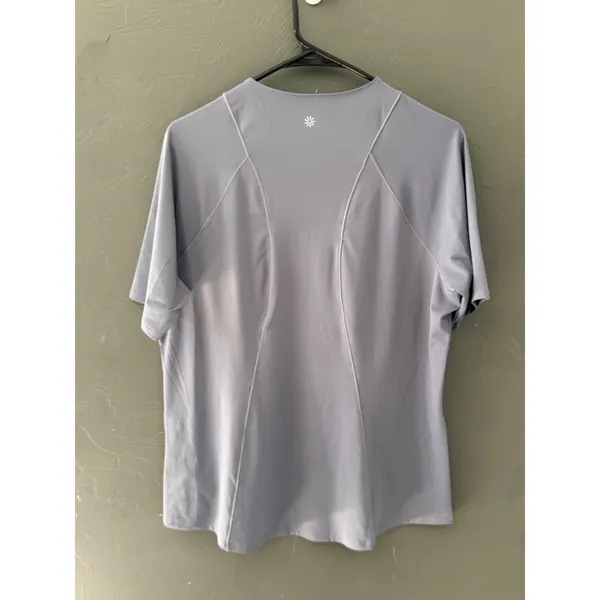 Athleta Womens‎ Short Sleeve Activewear Top Blue Grey Split Neck Size L - Image 3