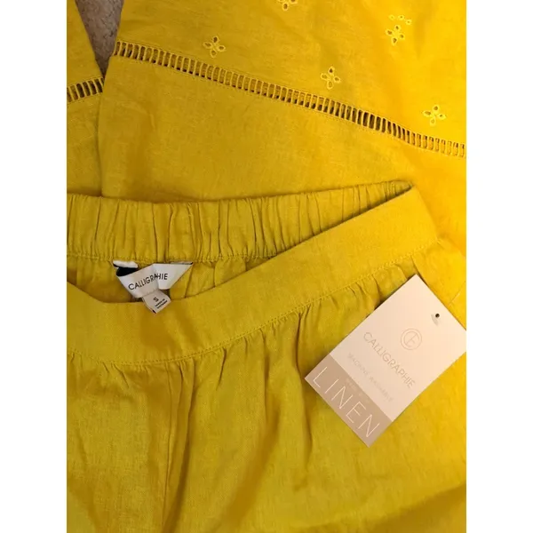 Calligraphie Women’s Eyelet Chartreuse Linen Wide-Leg Scallop Cropped Pants S - Image 2