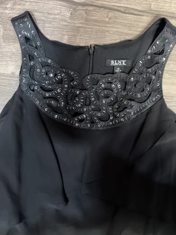 SLNY Black Layered Chiffon Beaded Floral Formal Dress Size 16 👗 - Image 6
