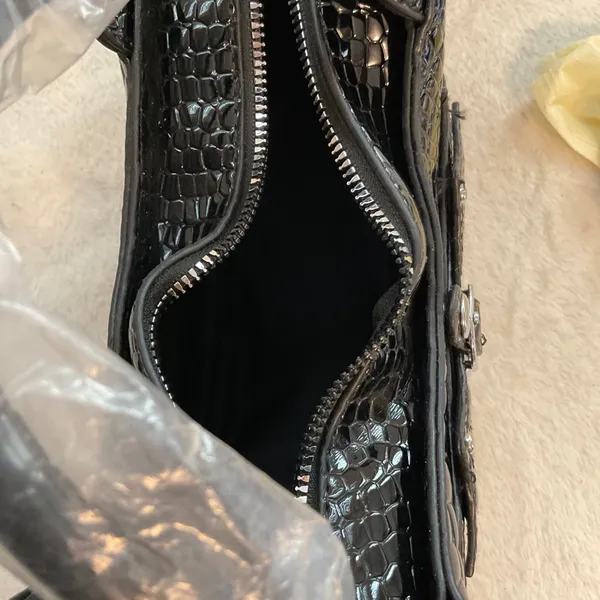 Patent Croc-Embossed Black Shoulder Bag with Silver Hardware - Image 5